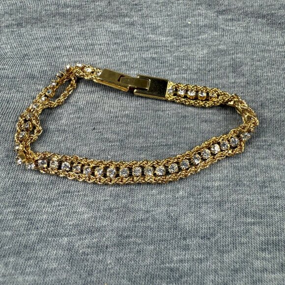 Gold-Tone Double Chain Bracelet Clear Rhinestones Secure Clasp Shine Sparkles - Picture 10 of 16